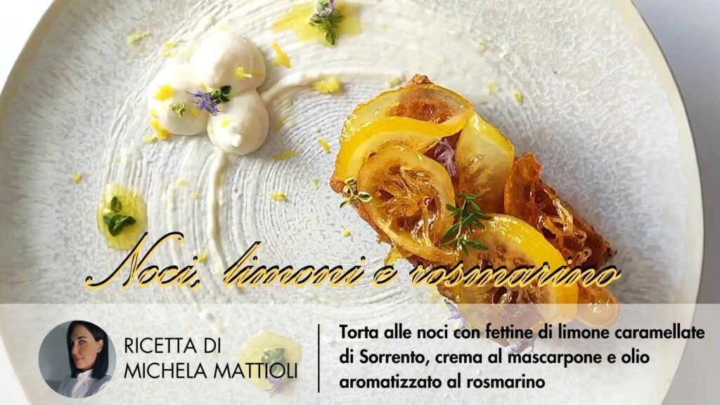 Torta alle noci con fettine di limone caramellate in padella