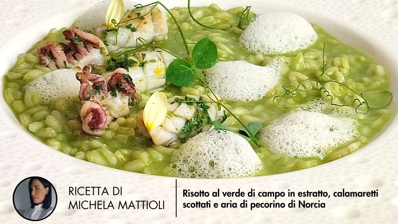 Risotto al verde di campo in estratto calamaretti scottati e aria di pecorino di Norcia