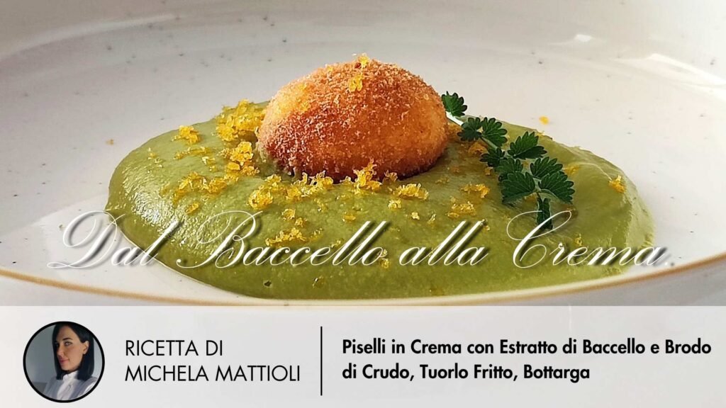 RICETTA DI MICHELA MATTIOLI Piselli in Crema con Estratto di Baccello e Brodo di Crudo-tuorlo fritto e bottarga