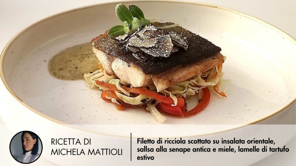 Filetto di ricciola scottato su insalata orientale, sallsa alla senape antica e miele lamelle di tartufo estivo - realizzate con le padelle heatek