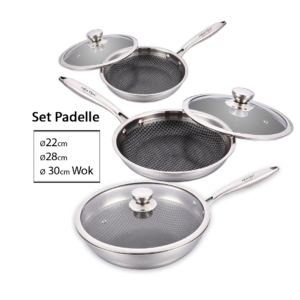 Heatek® Set Padelle in Acciaio Inox Antiaderenti e Antigraffio Ø 22+28+30cm Wok