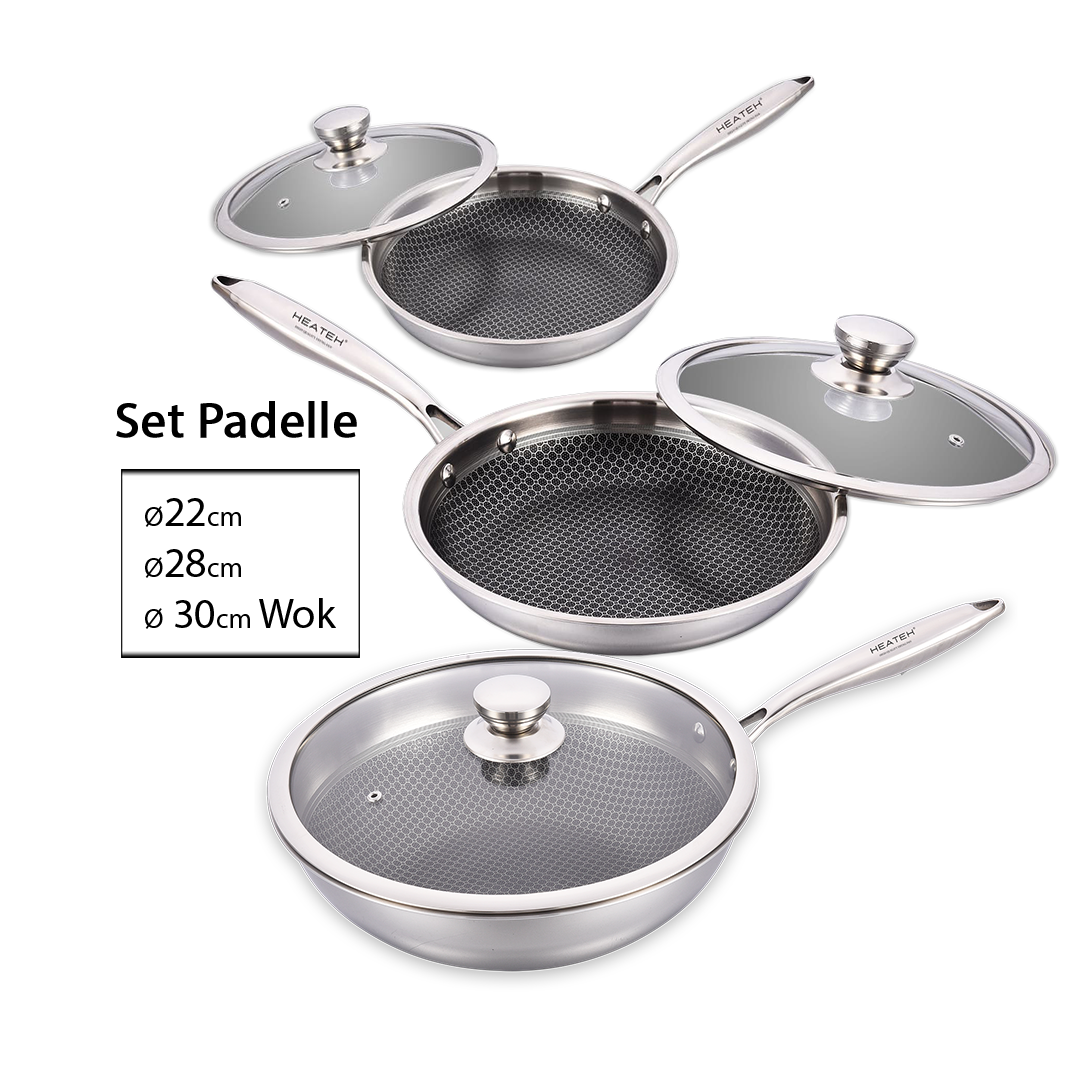 Heatek® Set Padelle in Acciaio Inox Antiaderenti e Antigraffio Ø 22+28+30cm Wok